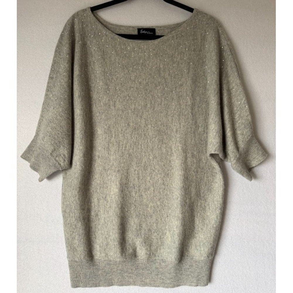 Evelyn Cashmere Sweater Women Medium Gray Rhinestone Short Dolman Sleeve Soft
